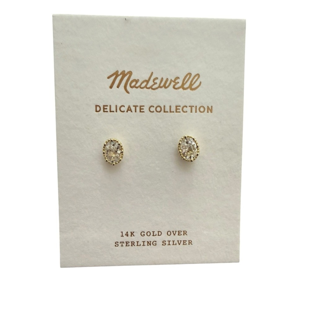 NWT Madewell Gold Oval Crystal Stud Earrings - Clear Stones